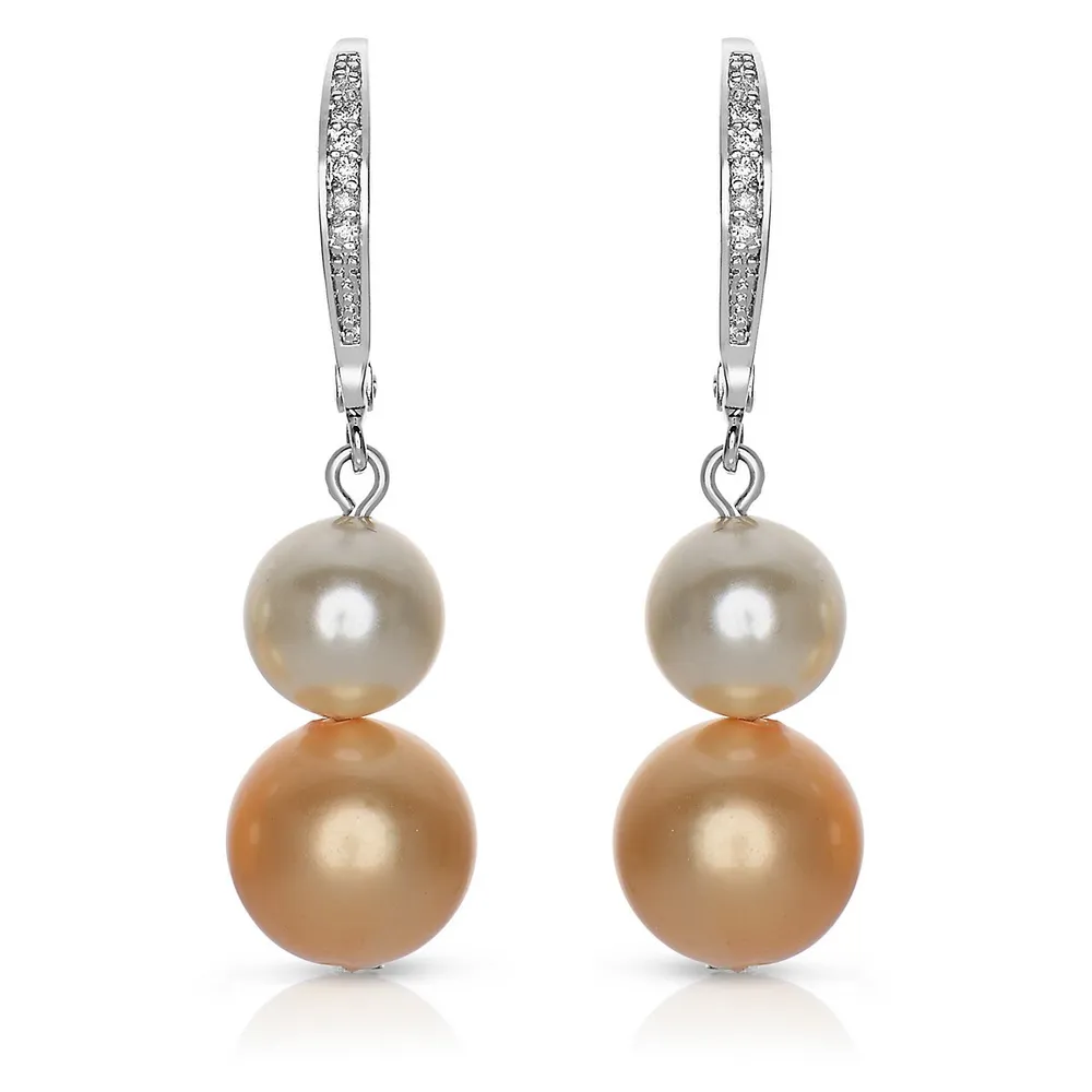 Sterling Silver White Gold Plating With Pearl And Cubic Zirconia Drop Earrings