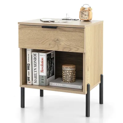 Nightstand With Charging Station Drawer Compartment Modern Side End Table