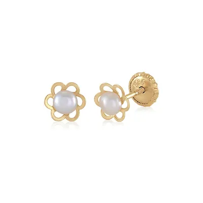 14k Yellow Gold Screwback Earrings Flower Open With Cultured Pearl For Baby And Children