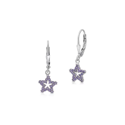 Sterling Silver 925 Open Star Dangle Leverback Earrings With Pave Cubic Zirconia