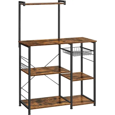 Baker’s Rack Microwave Stand Or Utility Shelf With Wire Basket And 6 S-hooks
