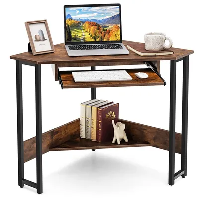 Triangle Corner Computer Desk Small Space Study Desk Home Office W/keyboard Tray
