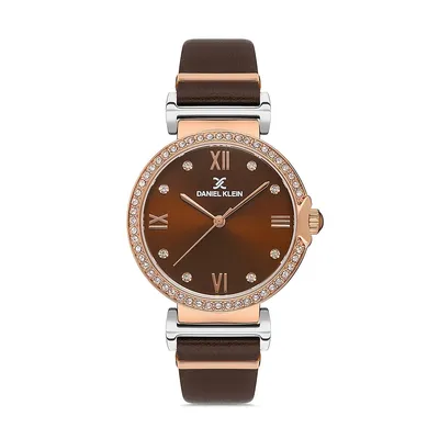 Womens Leather Strap Watch With Stainless Steel & Swarovski Crystal Accented Dial, Roman Numerals