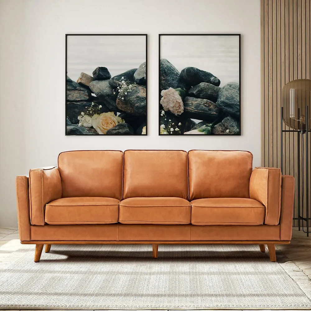 Artisan 87.8" Wide Three Seats Full Top Grain Leather Sofa Cognac Color