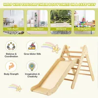 2-in-1 Wooden Climbing Triangle Set Triangle Climber W/ Ramp Natural