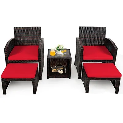 5pcs Patio Rattan Wicker Furniture Set Sofa Ottoman W/ Cushions