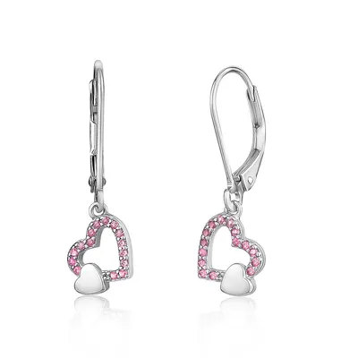 Sterling Silver 925 Tilted Heart Outline Dangle Leverback Earrings With Pave Cz