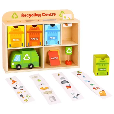 Wooden Recycling Center Playset - 39pcs - Truck, Sorting Bins And Accessories, Ages 3+