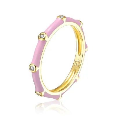 14k Yellow Gold Plating With Clear Cubic Zirconia And Colored Enamel Bamboo Stacking Ring For Kids/teens/adults