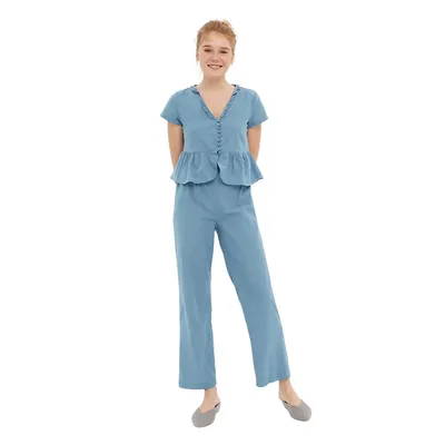 Women Plain Ruffle Detailed Middle Woven T-shirt-trousers Pajama Set