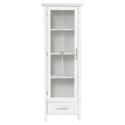 Teamson Home Tall Linen Wooden Storage Bathroom Floor Standing Cabinet Draw Glass Door White
