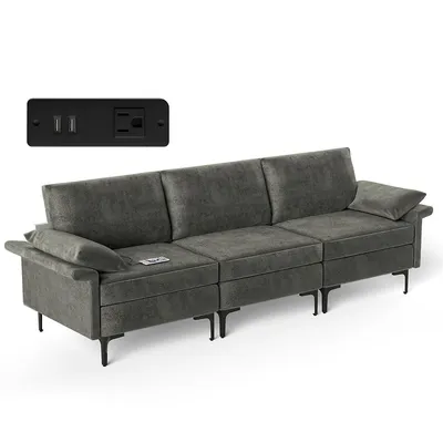Modern Modular Fabric 3-seat Sofa Couch With Socket Usb Ports & Metal Legs Grey/blue