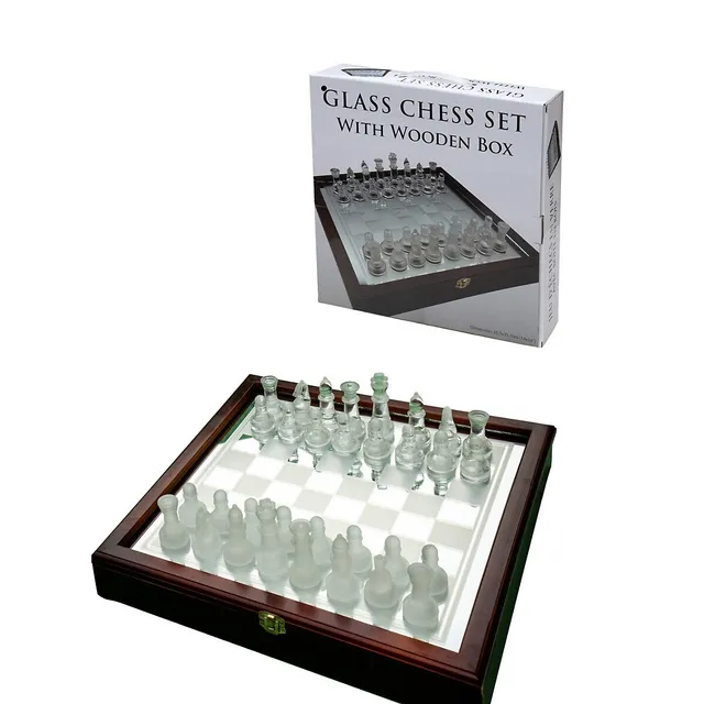 Tradeopia Glass Chess Set In Wooden Case: Universal Standard Chess Board  Game Set - Frosted And Clear Pieces And Glass Board 35.7 X 35.7 Cm