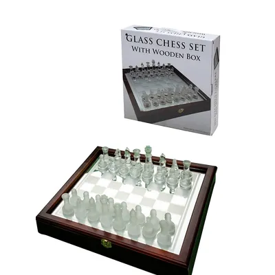 Glass Chess Set In Wooden Case: Universal Standard Chess Board Game Set - Frosted And Clear Pieces And Glass Board 35.7 X 35.7 Cm
