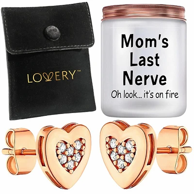 Mothers Day 14k Gold Plated Heart Earring With Pouch & Last Nerve Soy Candle