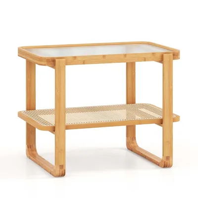 Bamboo Side Table With Rattan Shelf Glass Top Nightstand Small Sofa End