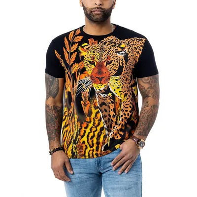 Men's Rhinestone Studded Leopard Graphic T-shirt