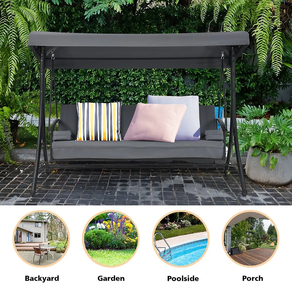 Patio 3-seat Porch Canopy Swing Converting Grey Cushion Pillow Adjust