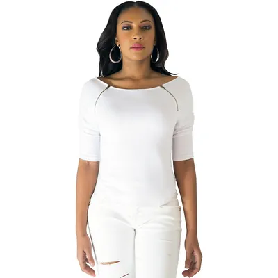 Curvy Women's Short Sleeve Shirt Gold Zipper Shoulders