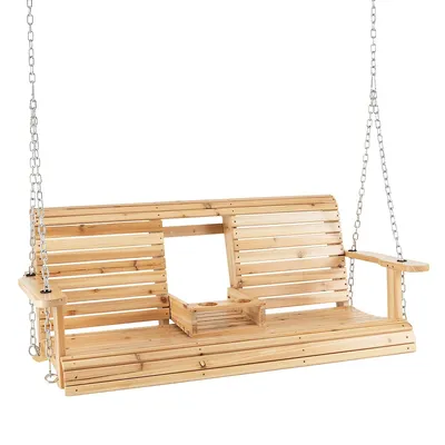 2-seat Wood Swing Bench With Folding Cup Holder And Sturdy Metal Hanging Chains