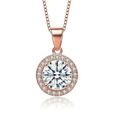 Sterling Silver 18k Rose Gold Plated With Round Cut Cubic Zirconia Pendant Necklace