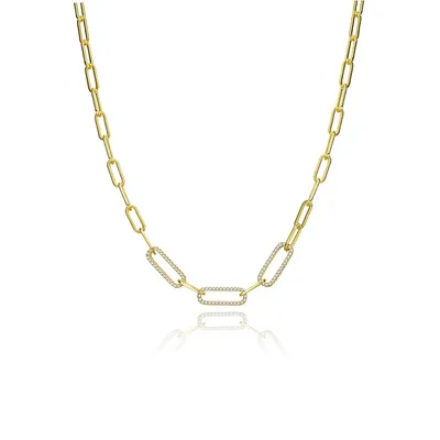 14k Yellow Gold Plated With Cubic Zirconia Elongated Cable Link Chain Necklace