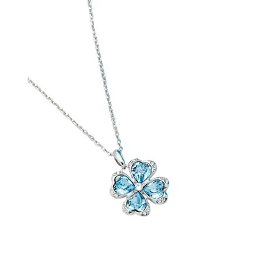 Silver Tone Aqua Heritage Precision Cut Crystal Clover Pendant Necklace