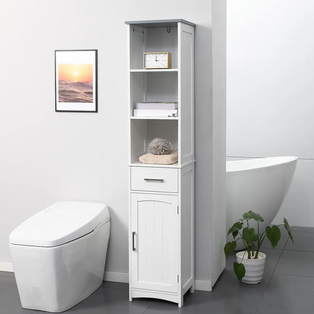 Carmen Tall White Marble Shelf and Black Ash Wood Bathroom Storage