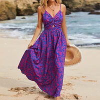 Women's Floral Print Knotted V-neck Maxi Dress