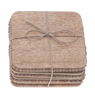 Set Of 4 Natural Beaded Square Coasters