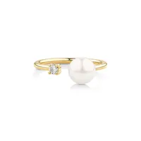 Cultured Freshwater Pearl And Diamond Open Ring In 10kt Yellow Gold