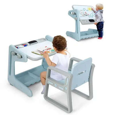 2 In 1 Kids Easel Table & Chair Set Adjustable Art Painting Board