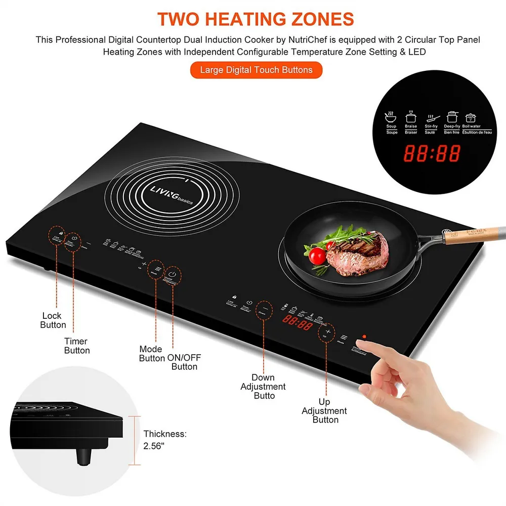 1800w Double Induction Cooktop Portable Induction Cookware with 2 Burners and Built-in Safety Lock - Black