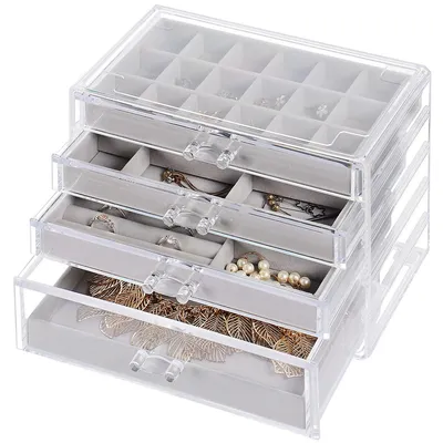 4 Tiers Acrylic Drawer Cosmetic Organizer with 4 Pieces Velvet Jewelry Display Case