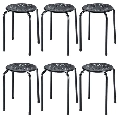 Set Of 6 Stackable Metal Stool Set Daisy Backless Round Top Kitchen Black