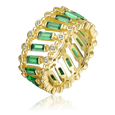 Sterling Silver 14k Yellow Gold Plating With Emerald & Baguette Cubic Zirconia Eternity Band Ring