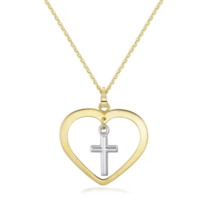 10kt 17" Two-tone Heart With Cross Necklace