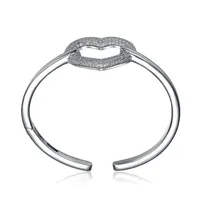 Sterling Silver With Clear Cubic Zirconia French Pave Heart Halo Bangle Bracelet