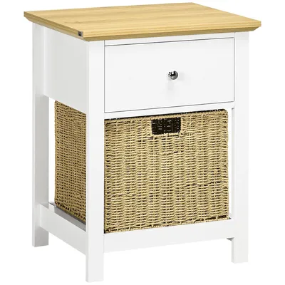Nightstand, Bedside Table With Drawer And Rattan Basket
