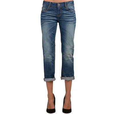 Women's Stretch Blue Whisker Wash Boyfriend Premium Jeans