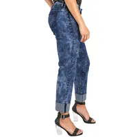 Women's Curvy Fit Blue Stretch Encrusted Diamond Boyfriend Jeans