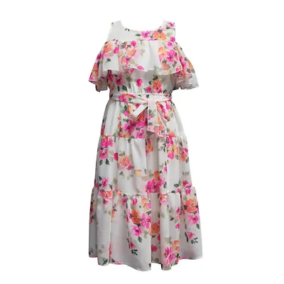 Floral Mesh Ruffle Maxi Dress
