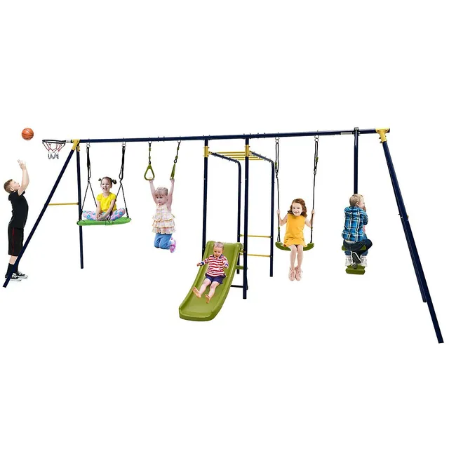 660 Lbs Kids Metal Swing Set For Backyard 7-in-1 Multifunctional Swing Set