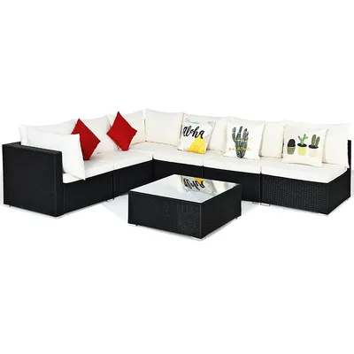 7pcs Patio Rattan Sofa Set Sectional Conversation Furniture Set Garden
