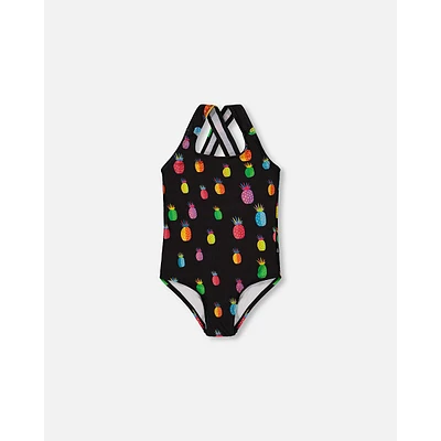 One Piece Swimsuit Black Printed Pineapples