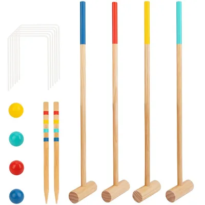 Kids Wooden Croquet Set - 17pcs - 4 Player Game Set With Carry Bag, Ages 3+