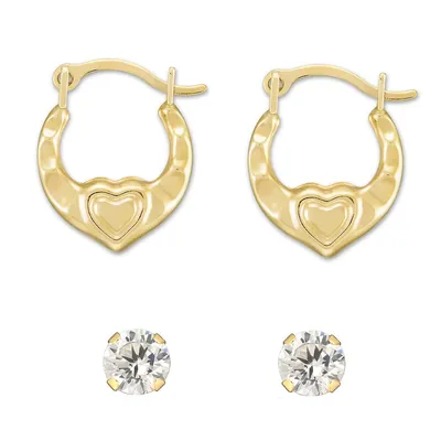 10kt Yellow Hoop With Small Heart And Cz Stud Set