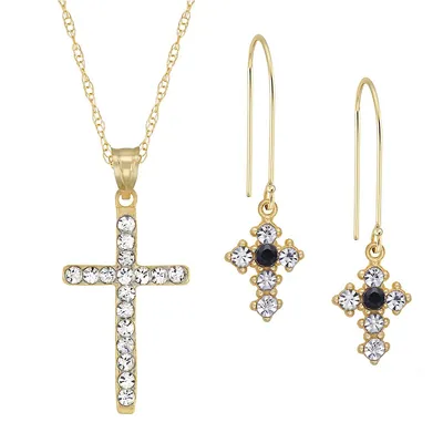 10kt Cross With Cz Pendant And Earring Drop Set