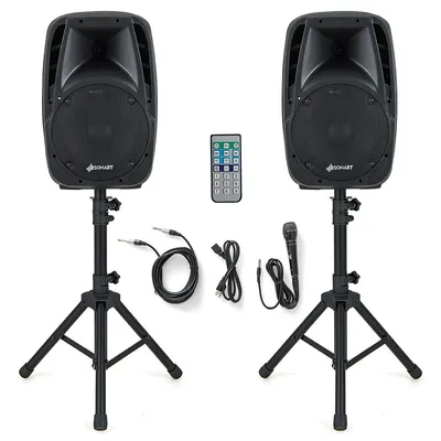 Dual 10'' Protable 1600w Powered Speaker W/ Mic Speaker Stands Control