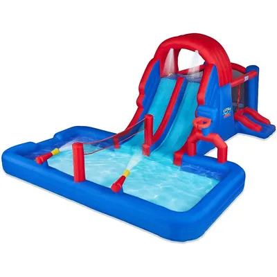 Ultra All-play Inflatable Water Slide Park – - Climbing Wall, Slides, Bounce House, Volley Net, Deep Pool – Air Pump & Carrying Case